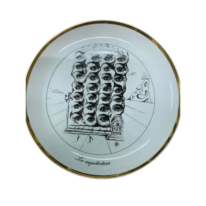 vintage porcelain plates the seven arts drawing with gold edges by salvador dali set of 7 0207