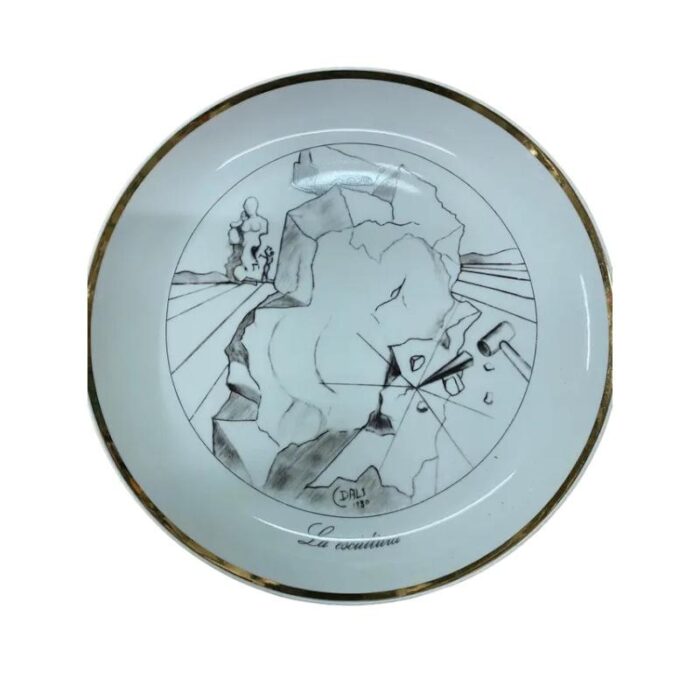 vintage porcelain plates the seven arts drawing with gold edges by salvador dali set of 7 1340