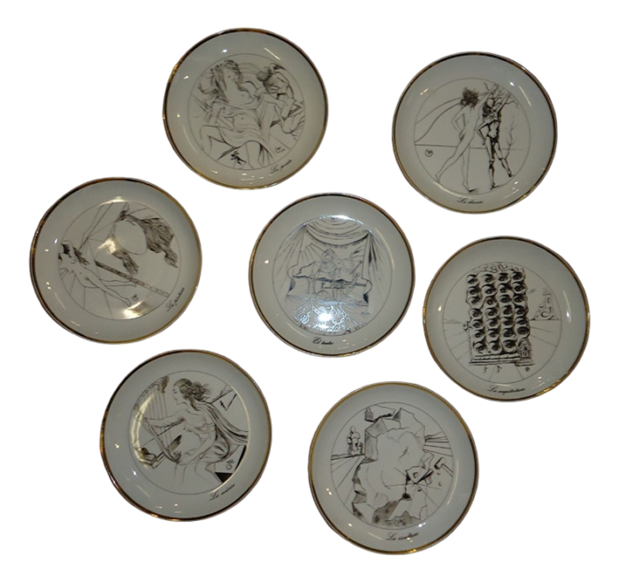 vintage porcelain plates the seven arts drawing with gold edges by salvador dali set of 7 2319