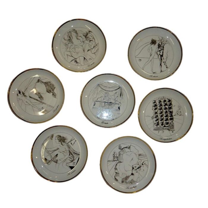 vintage porcelain plates the seven arts drawing with gold edges by salvador dali set of 7 4153