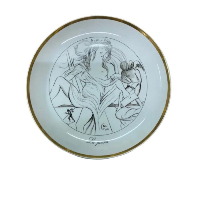 vintage porcelain plates the seven arts drawing with gold edges by salvador dali set of 7 5608