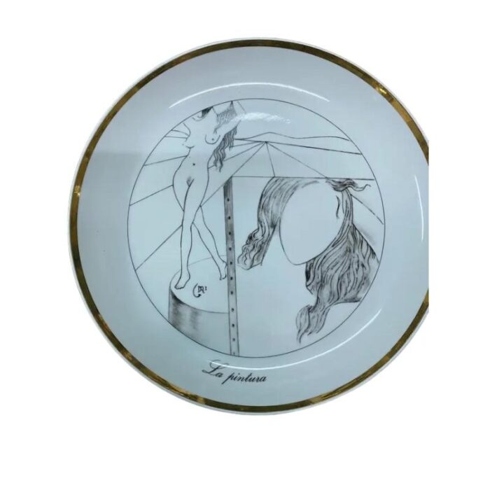 vintage porcelain plates the seven arts drawing with gold edges by salvador dali set of 7 9090