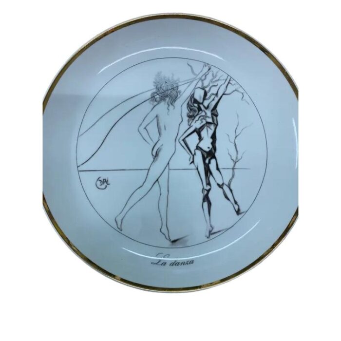 vintage porcelain plates the seven arts drawing with gold edges by salvador dali set of 7 9759