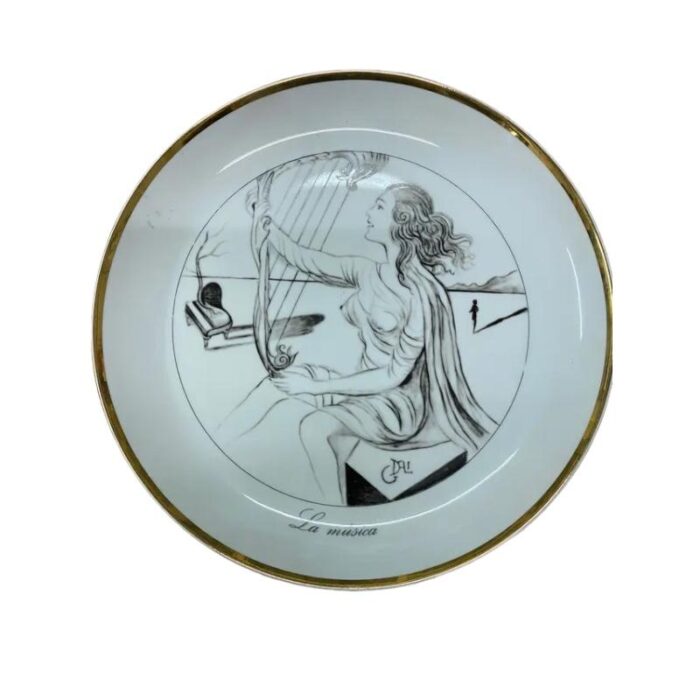 vintage porcelain plates the seven arts drawing with gold edges by salvador dali set of 7 9974