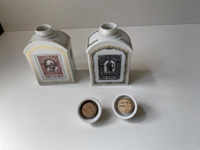 vintage porcelain tea caddies with historical danish stamps 1980s set of 2 6028