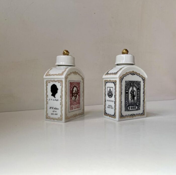 vintage porcelain tea caddies with historical danish stamps 1980s set of 2 7739