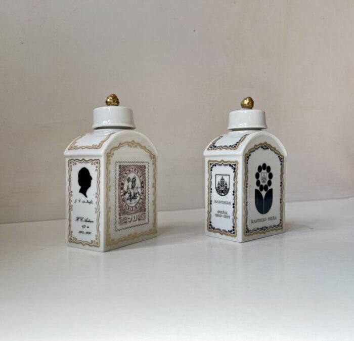 vintage porcelain tea caddies with historical danish stamps 1980s set of 2 8023