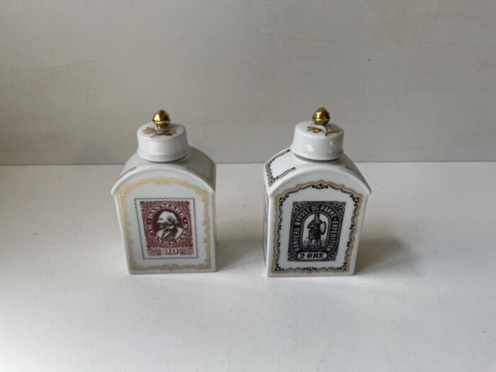 vintage porcelain tea caddies with historical danish stamps 1980s set of 2 8884