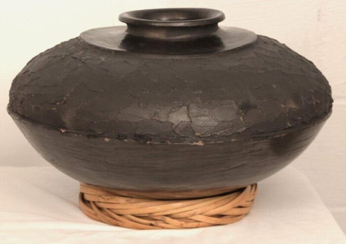 vintage raku fired black stoneware clay vessel 4563