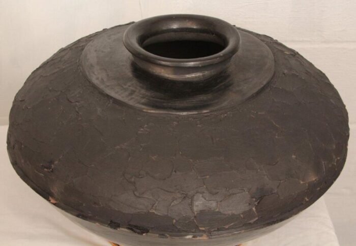 vintage raku fired black stoneware clay vessel 9849