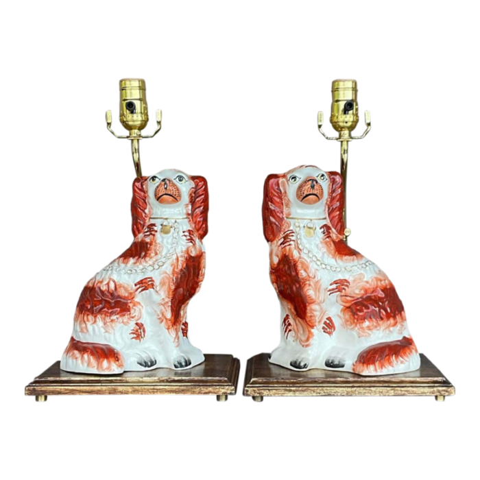 vintage regency staffordshire style dog table lamps a pair 0878