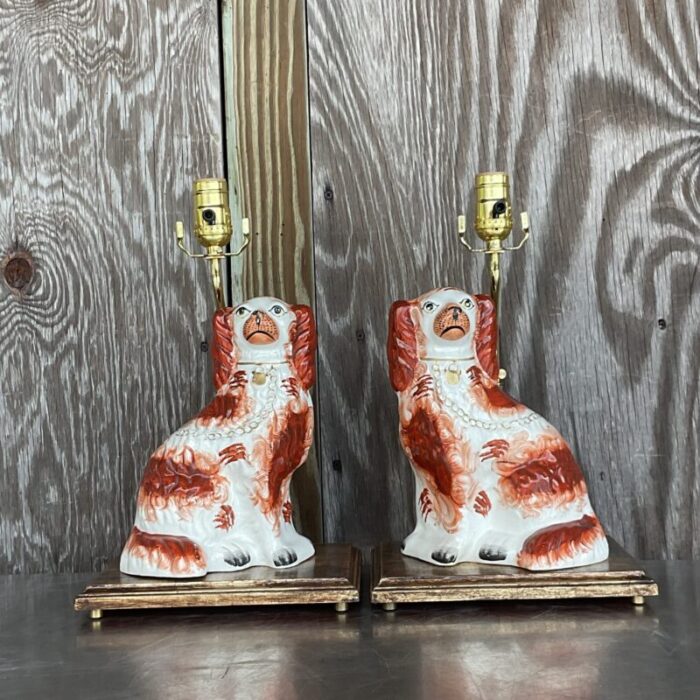 vintage regency staffordshire style dog table lamps a pair 5377