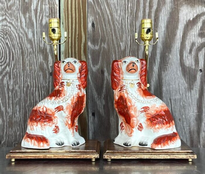 vintage regency staffordshire style dog table lamps a pair 7262