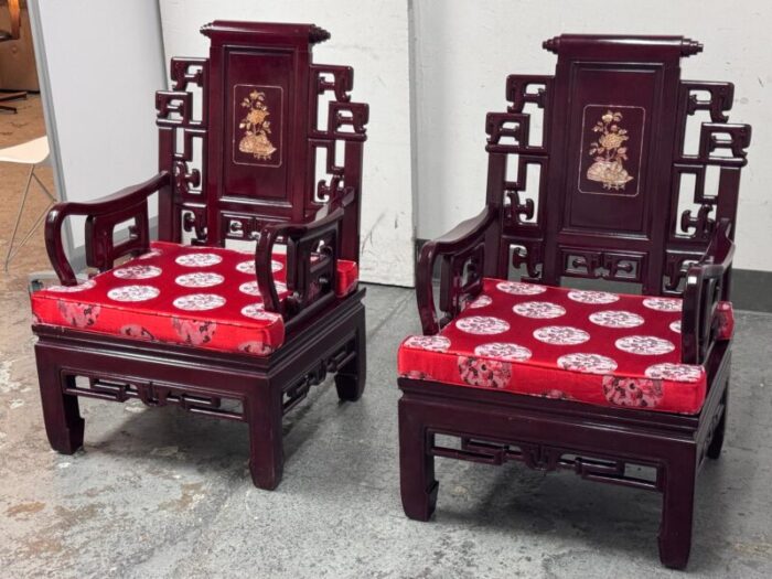 vintage rosewood mother of pearl inlaid armchairs red silk cushions a pair 4823