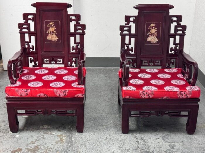 vintage rosewood mother of pearl inlaid armchairs red silk cushions a pair 5398