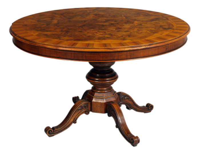 vintage round table in ferrarese walnut root and central inlay 1940s 3995