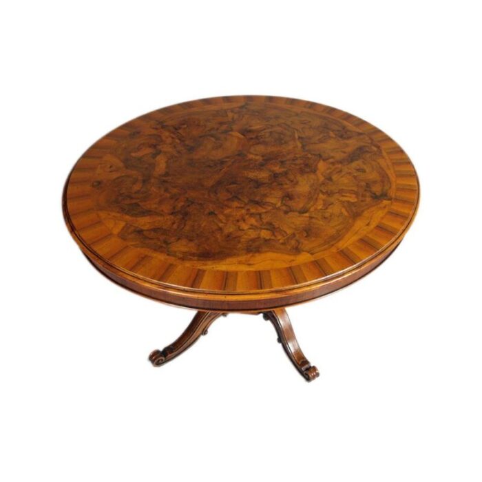 vintage round table in ferrarese walnut root and central inlay 1940s 7893