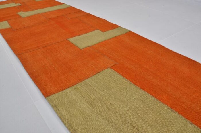 vintage tribal runner rug in orange and green 1960 3288