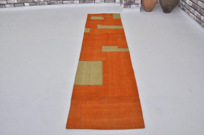 vintage tribal runner rug in orange and green 1960 5395