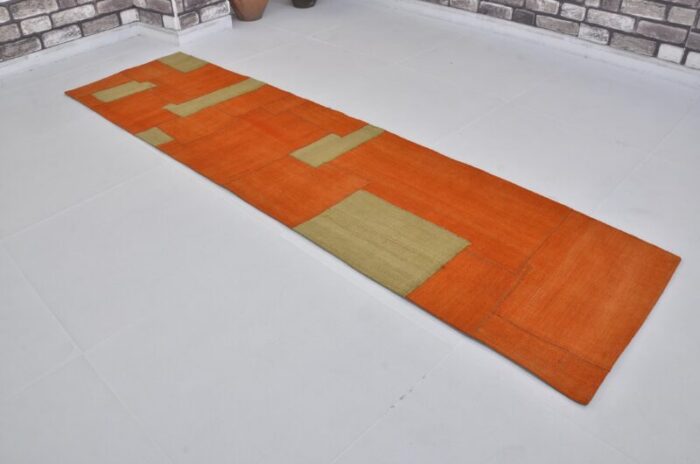 vintage tribal runner rug in orange and green 1960 9290