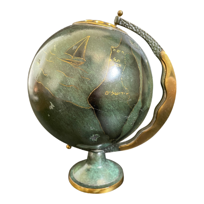 vintage verdigris enameled brass globe with map of israel 2503