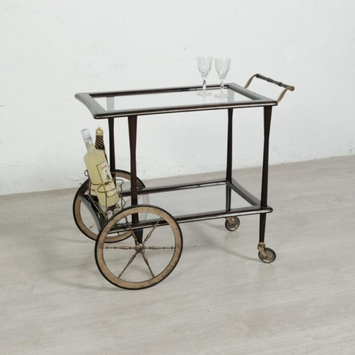 vintage wood and brass bar trolley italy 1960s 3437