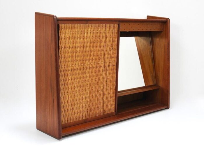 wall mirror and shelf cabinet in teak and cane attributed to arne wahl iversen for brenderup denmark 1960s 0656