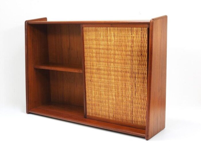 wall mirror and shelf cabinet in teak and cane attributed to arne wahl iversen for brenderup denmark 1960s 1463