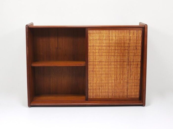 wall mirror and shelf cabinet in teak and cane attributed to arne wahl iversen for brenderup denmark 1960s 7255