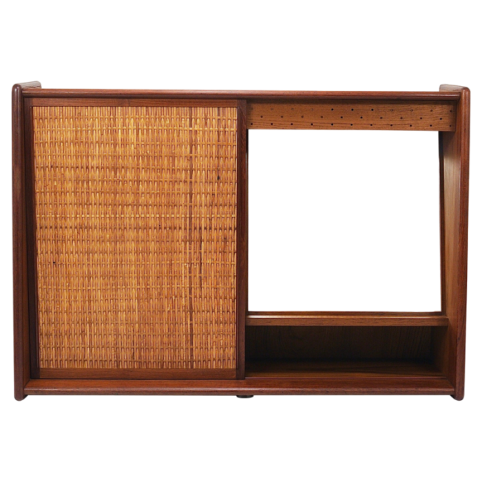 wall mirror and shelf cabinet in teak and cane attributed to arne wahl iversen for brenderup denmark 1960s 7653