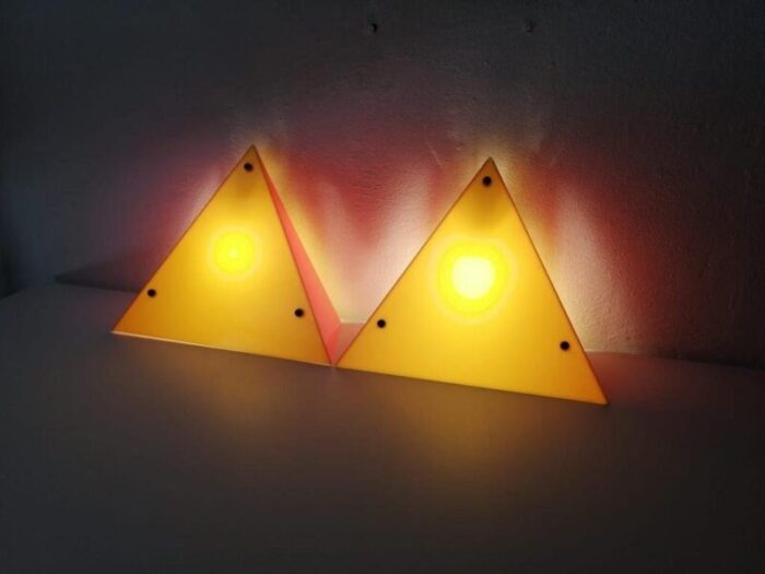 yellow and orange triangular prism wall or table lamps in mica from ikea 1980s set of 2 2