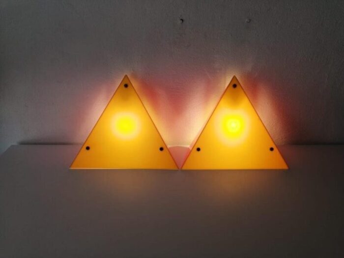 yellow and orange triangular prism wall or table lamps in mica from ikea 1980s set of 2 3